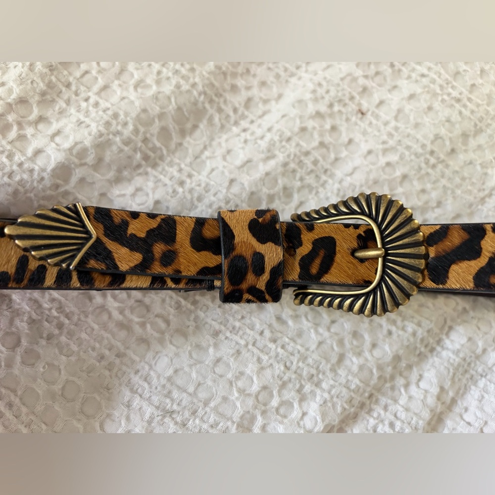 Leopard Print Faux Hair Genuine Leather Belt with Antiqued Western Brass Buckle - Picture 5 of 5